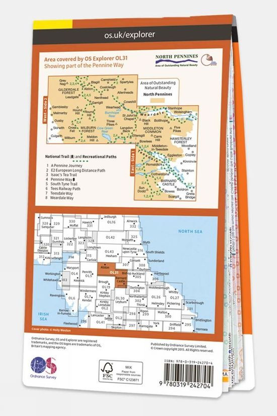  Ordnance Survey Explorer Map OL31 North Pennines - Teesdale And Weardale